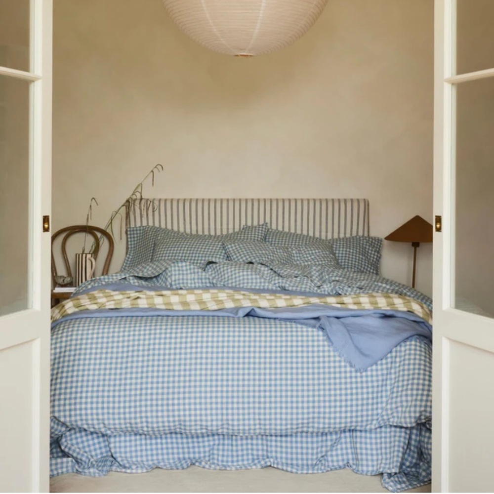 Piglet in Bed Warm Blue Gingham Linen Blend Duvet Cover